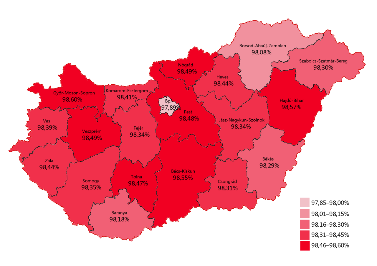 Карта на Унгария по области с процентите на гласовете „не“