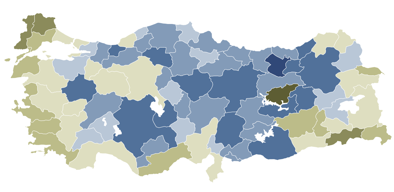 Карта на Турция по провинции в синьо и маслинено
