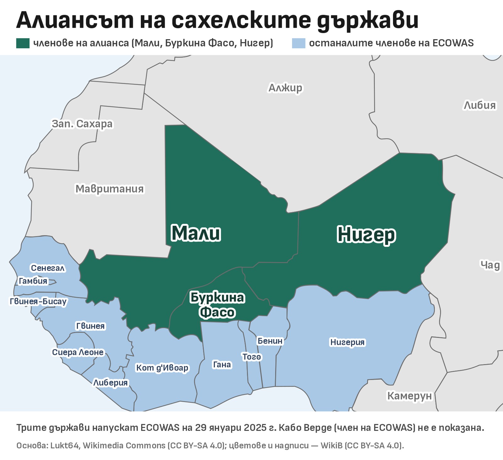 Карта на Западна Африка, на която Мали, Буркина Фасо и Нигер са оцветени в тъмнозелено, а останалите членове на ECOWAS — в светлосиньо, с имената на държавите