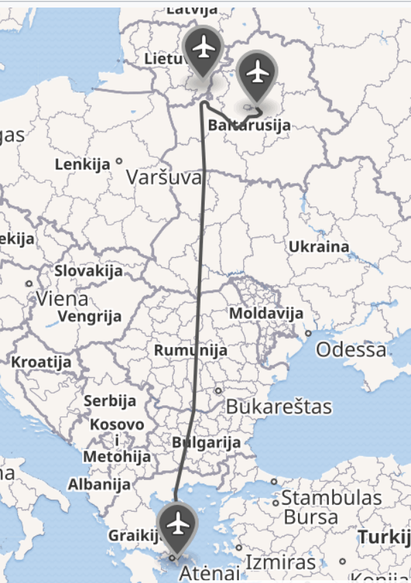 Карта на Европа с линия на полет от Атина към Вилнюс и отклонение към Минск